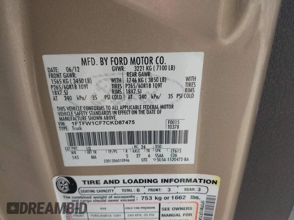 2012 Ford F-150 XL with VIN 1FTFW1CF7CKD87475, listed as a IAAI auction lot 41715378 with 212,705 mi miles. Bid and sale history available at carsss.com. Image 9.