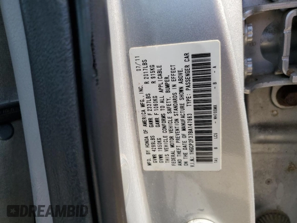 2011 Honda Accord LX z VIN 1HGCP2F37BA147663, wystawiony jako Copart lot #85851174 z przebiegiem Nie podano mil oraz Szkoda całkowita • Salvage title. Historia ofert i sprzedaży dostępna na DreamBid. Obrazek 12.