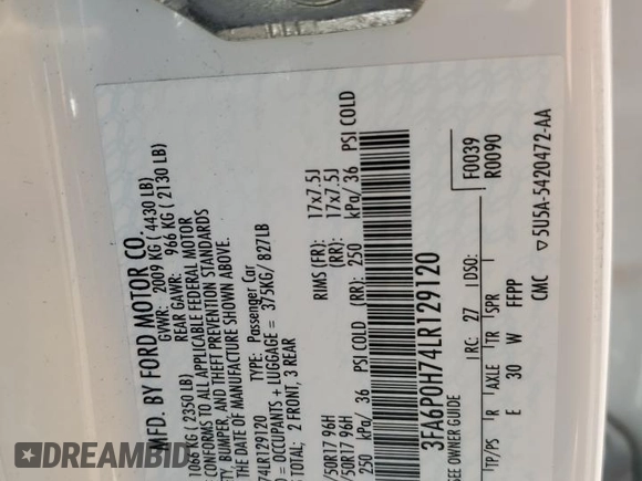 2020 Ford Fusion SE with VIN 3FA6P0H74LR129120, listed as a Copart auction lot 49111985 with 51,402 mi miles and Salvage title. Bid and sale history available at DreamBid. Image 14.