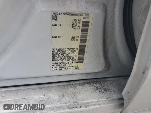 2016 Nissan Altima S with VIN 1N4AL3AP4GC280819, listed as a Copart auction lot 62607825 with 120,968 mi miles and Salvage title. Bid and sale history available at DreamBid. Image 12.