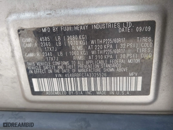 2010 Subaru Outback Prem All-Weather/HK Aud with VIN 4S4BRBFC7A3325526, listed as a IAAI auction lot 42044926 with 256,506 mi miles. Bid and sale history available at carsss.com. Image 9.
