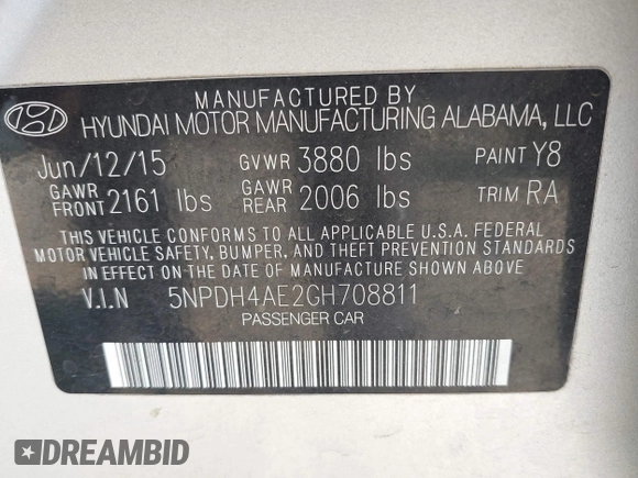 2016 Hyundai Elantra SE with VIN 5NPDH4AE2GH708811, listed as a IAAI auction lot 42773202 with 107,362 mi miles and . Bid and sale history available at DreamBid. Image 9.