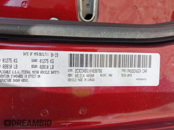 2019 Dodge Charger SXT with VIN 2C3CDXBG1KH698786, listed as a IAAI auction lot 41922507 with 108,666 mi miles. Bid and sale history available at carsss.com. Image 9.