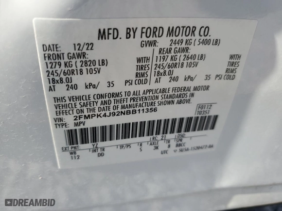 2022 Ford Edge SEL with VIN 2FMPK4J92NBB11356, listed as a Copart auction lot 48325945 with 86,250 mi miles and Salvage Title. Bid and sale history available at carsss.com. Image 12.