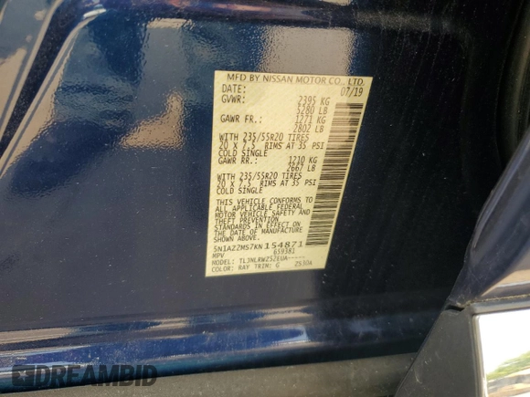 2019 Nissan Murano Platinum z VIN 5N1AZ2MS7KN154871, wystawiony jako Copart lot #60283125 z przebiegiem 112 081 mil mil oraz Szkoda całkowita • Salvage title. Historia ofert i sprzedaży dostępna na DreamBid. Obrazek 14.