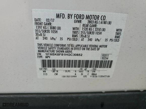 2017 Ford Explorer Limited with VIN 1FM5K8F81HGC30852, listed as a Copart auction lot 45969795 with 80,548 mi miles and Salvage Title. Bid and sale history available at carsss.com. Image 12.