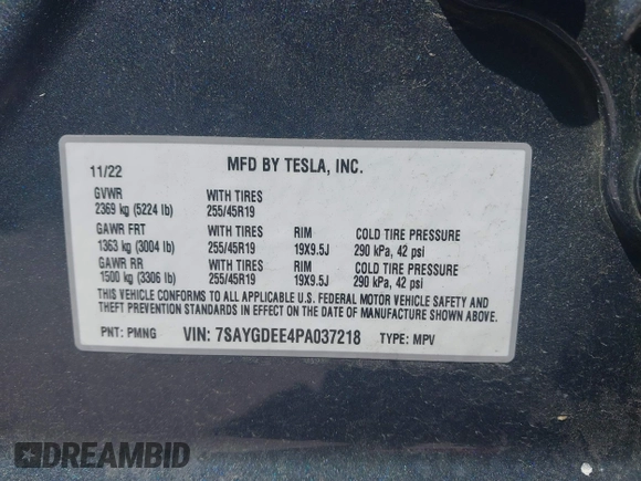 2023 Tesla Model Y Long Range with VIN 7SAYGDEE4PA037218, listed as a IAAI auction lot 42232704 with 18,756 mi miles and . Bid and sale history available at DreamBid. Image 9.
