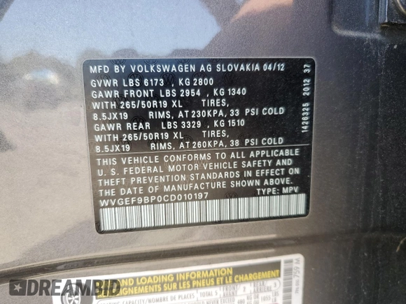 2012 Volkswagen Touareg Sport with VIN WVGEF9BP0CD010197, listed as a Copart auction lot 48480355 with 131,605 mi miles and Salvage Title. Bid and sale history available at DreamBid. Image 12.