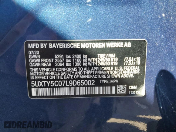 2020 BMW X3 xDrive30i with VIN 5UXTY5C07L9D65002, listed as a Copart auction lot 45898605 with 45,176 mi miles and Salvage Title. Bid and sale history available at DreamBid. Image 13.