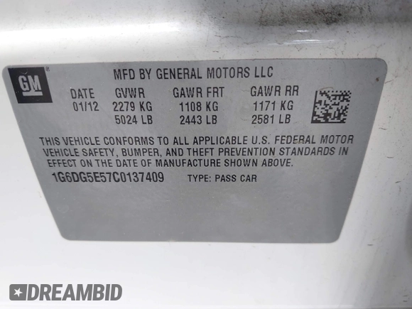 2012 Cadillac CTS Luxury with VIN 1G6DG5E57C0137409, listed as a IAAI auction lot 42633890 with 86,886 mi miles and . Bid and sale history available at DreamBid. Image 9.