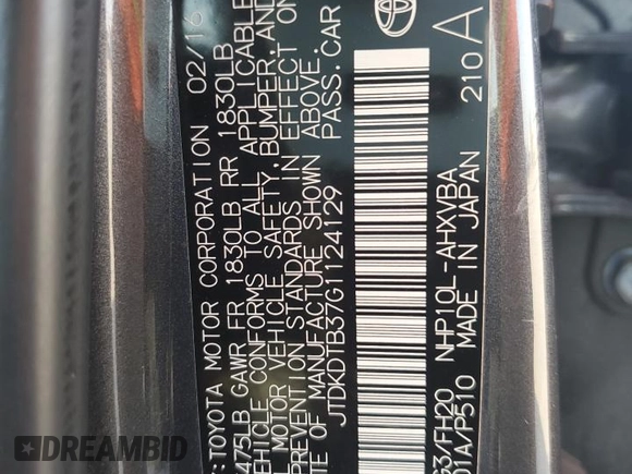 2016 Toyota Prius One z VIN JTDKDTB37G1124129, wystawiony jako Copart lot #51744455 z przebiegiem 105 422 mil mil oraz Szkoda całkowita • Salvage title. Historia ofert i sprzedaży dostępna na DreamBid. Obrazek 12.