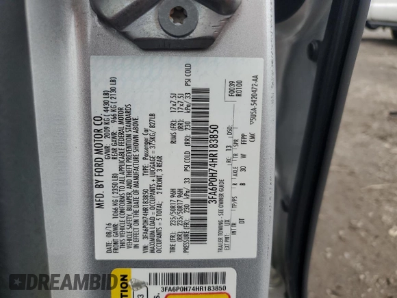 2017 Ford Fusion SE с VIN 3FA6P0H74HR183850, выставлен на аукционе Copart как лот 61140595 с пробегом 60 996 миль миль и Списание • Salvage title. История ставок и продаж доступна на DreamBid. Изображение 12.