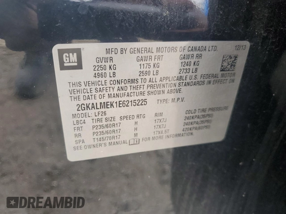 2014 GMC Terrain SLE z VIN 2GKALMEK1E6215225, wystawiony jako Copart lot #60660875 z przebiegiem 127 831 mil mil oraz Szkoda całkowita • Salvage title. Historia ofert i sprzedaży dostępna na DreamBid. Obrazek 13.