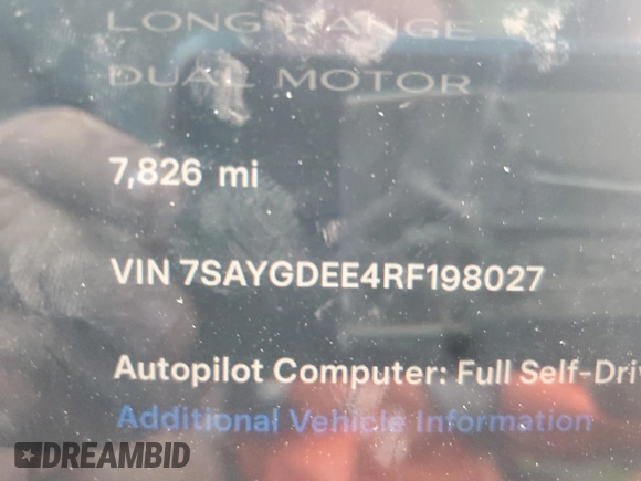 2024 Tesla Model Y Long Range with VIN 7SAYGDEE4RF198027, listed as a Copart auction lot 64008945 with 7,826 mi miles and Salvage title. Bid and sale history available at DreamBid. Image 9.