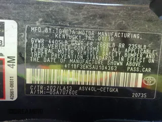 2010 Toyota Camry with VIN 4T1BF3EK5AU104363, listed as a IAAI auction lot 42075449 with 231,571 mi miles and . Bid and sale history available at DreamBid. Image 9.