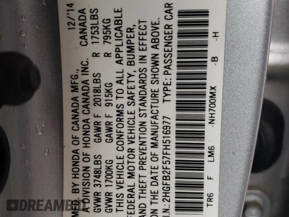 2015 Honda Civic Sedan LX with VIN 2HGFB2F57FH516977, listed as a Copart auction lot 49479835 with 128,821 mi miles and Salvage Title. Bid and sale history available at carsss.com. Image 12.