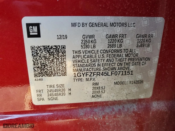 2020 Cadillac XT4 AWD Sport with VIN 1GYFZFR45LF071151, listed as a Copart auction lot 88923965 with 52,555 mi miles and Non Repairable. Bid and sale history available at carsss.com. Image 15.