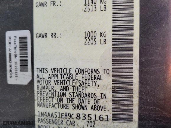 2009 Nissan Maxima 3.5 SV w/Sport Pkg with VIN 1N4AA51E89C835161, listed as a Copart auction lot 52003135 with 155,100 mi miles and Salvage Title. Bid and sale history available at carsss.com. Image 12.