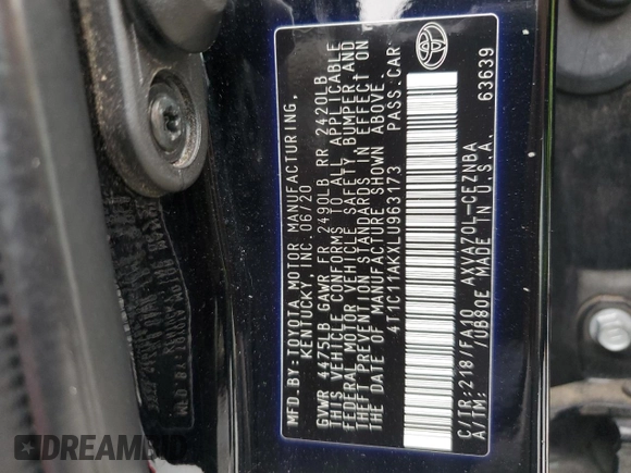 2020 Toyota Camry LE with VIN 4T1C11AKXLU963173, listed as a Copart auction lot 43066665 with 162,523 mi miles and Salvage Title. Bid and sale history available at carsss.com. Image 14.