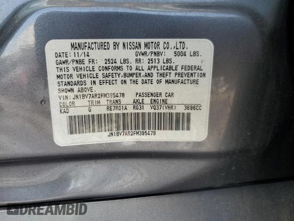 2015 Infiniti Q50 Premium z VIN JN1BV7AR2FM395478, wystawiony jako Copart lot #62843995 z przebiegiem 137 945 mil mil oraz Szkoda całkowita • Salvage title. Historia ofert i sprzedaży dostępna na DreamBid. Obrazek 13.