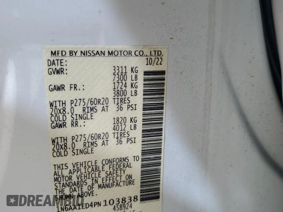 2023 Nissan Titan SV with VIN 1N6AA1ED4PN103838, listed as a Copart auction lot 76294934 with Not provided miles and Clean title. Bid and sale history available at DreamBid. Image 13.