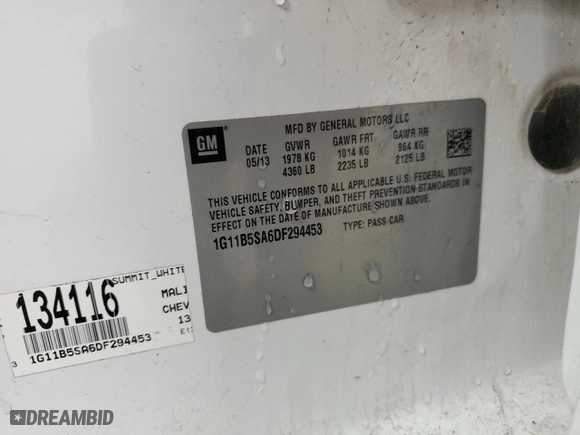 2013 Chevrolet Malibu LS with VIN 1G11B5SA6DF294453, listed as a Copart auction lot 50098825 with 181,957 mi miles and Salvage Title. Bid and sale history available at carsss.com. Image 12.