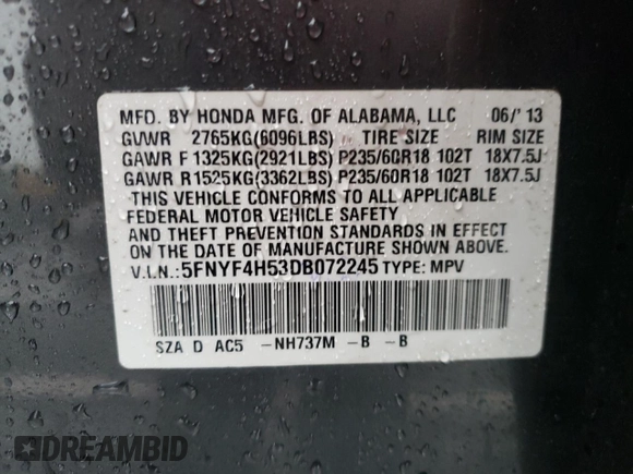 2013 Honda Pilot EX-L z VIN 5FNYF4H53DB072245, wystawiony jako Copart lot #56153435 z przebiegiem Nie podano mil oraz Szkoda całkowita • Salvage title. Historia ofert i sprzedaży dostępna na DreamBid. Obrazek 13.