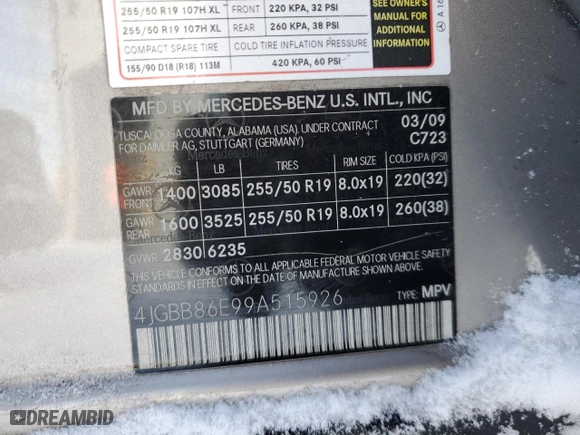 2009 Mercedes-Benz M-Class 3.5L with VIN 4JGBB86E99A515926, listed as a Copart auction lot 44174735 with 168,565 mi miles and Salvage Title. Bid and sale history available at carsss.com. Image 13.