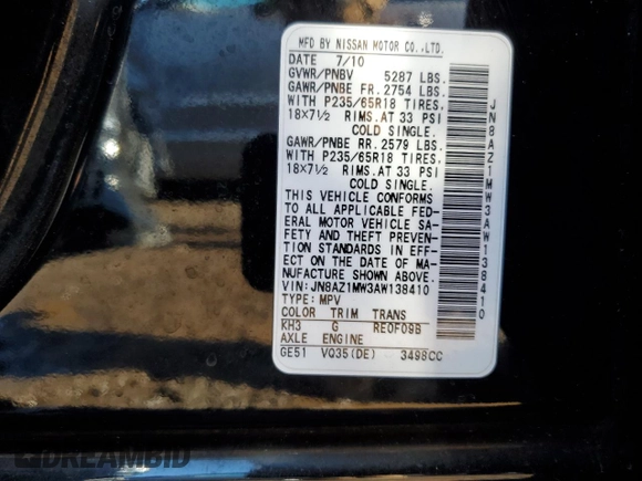 2010 Nissan Murano SL with VIN JN8AZ1MW3AW138410, listed as a Copart auction lot 38888614 with 125,483 mi miles and Salvage Title. Bid and sale history available at carsss.com. Image 13.