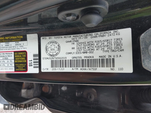 2009 Toyota Tacoma z VIN 5TEMU52N79Z662019, wystawiony jako IAAI lot #42101648 z przebiegiem 344 119 mil mil oraz . Historia ofert i sprzedaży dostępna na DreamBid. Obrazek 9.