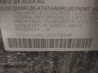2003 Audi A4 1.8T with VIN WAULC68E73A275495, listed as a IAAI auction lot 41525711 with 184,591 mi miles. Bid and sale history available at carsss.com. Image 9.