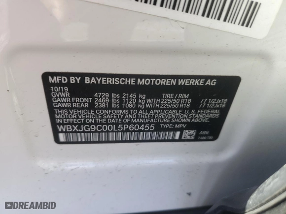 2020 BMW X1 xDrive28i with VIN WBXJG9C00L5P60455, listed as a Copart auction lot 52353875 with 77,709 mi miles and Salvage Title. Bid and sale history available at carsss.com. Image 13.