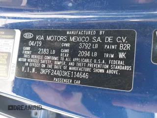 2019 Kia Forte LXS with VIN 3KPF24AD3KE114646, listed as a IAAI auction lot 42558028 with 84,787 mi miles and . Bid and sale history available at DreamBid. Image 9.