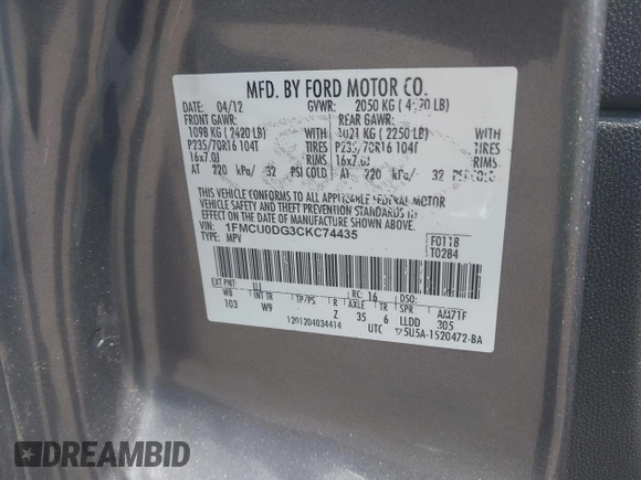 2012 Ford Escape XLT z VIN 1FMCU0DG3CKC74435, wystawiony jako IAAI lot #42725162 z przebiegiem Nie podano mil oraz . Historia ofert i sprzedaży dostępna na DreamBid. Obrazek 9.