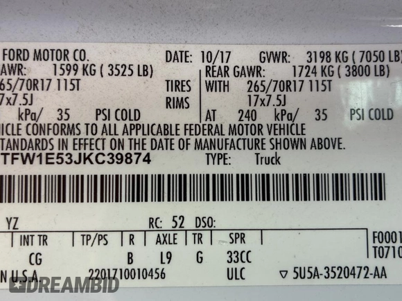 2018 Ford F-150 XL with VIN 1FTFW1E53JKC39874, listed as a Copart auction lot 66670325 with 112,915 mi miles and Clean title. Bid and sale history available at DreamBid. Image 10.