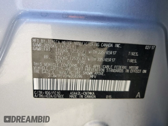 2017 Toyota RAV4 XLE with VIN 2T3WFREV0HW358286, listed as a Copart auction lot 51365425 with 39,953 mi miles and Salvage Title. Bid and sale history available at DreamBid. Image 14.