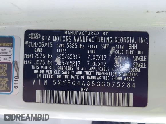 2016 Kia Sorento LX with VIN 5XYPG4A38GG075284, listed as a IAAI auction lot 41233974 with 126,044 mi miles. Bid and sale history available at carsss.com. Image 9.