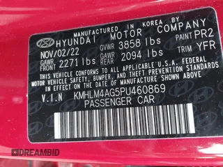 2023 Hyundai Elantra SEL with VIN KMHLM4AG5PU460869, listed as a IAAI auction lot 41909542 with 27,813 mi miles and . Bid and sale history available at DreamBid. Image 9.