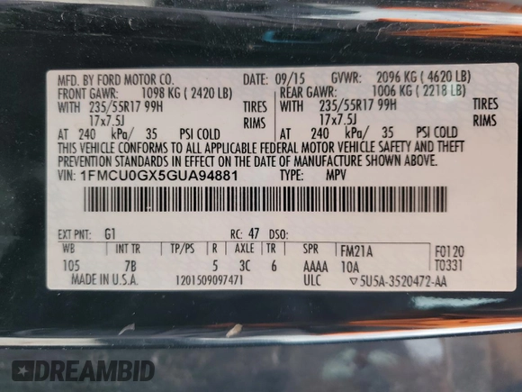 2016 Ford Escape SE with VIN 1FMCU0GX5GUA94881, listed as a Copart auction lot 50737115 with 144,600 mi miles and Salvage Title. Bid and sale history available at carsss.com. Image 12.