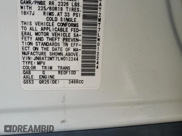2020 Nissan Rogue SV with VIN JN8AT2MT7LW012244, listed as a Copart auction lot 60162325 with Not provided miles and Salvage title. Bid and sale history available at DreamBid. Image 14.