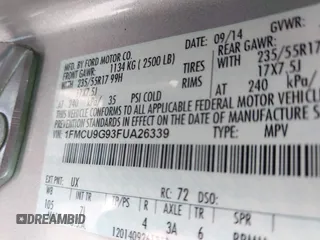 2015 Ford Escape SE with VIN 1FMCU9G93FUA26339, listed as a IAAI auction lot 42039281 with 185,729 mi miles and . Bid and sale history available at DreamBid. Image 9.