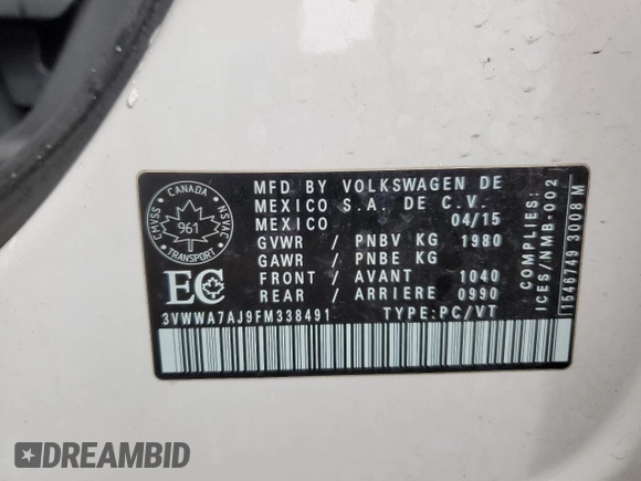 2015 Volkswagen Jetta with VIN 3VWWA7AJ9FM338491, listed as a Copart auction lot 49668664 with Not provided miles and Non repairable. Bid and sale history available at DreamBid. Image 12.