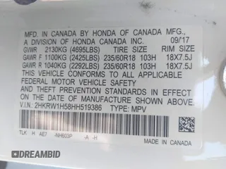 2017 Honda CR-V EX with VIN 2HKRW1H58HH519386, listed as a IAAI auction lot 41777509 with 76,499 mi miles. Bid and sale history available at carsss.com. Image 9.