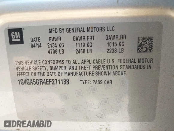 2014 Buick LaCrosse with VIN 1G4GA5GR4EF271138, listed as a IAAI auction lot 42431029 with 153,952 mi miles and . Bid and sale history available at DreamBid. Image 9.