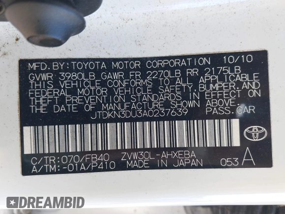 2010 Toyota Prius II with VIN JTDKN3DU3A0237639, listed as a IAAI auction lot 42108093 with 202,901 mi miles. Bid and sale history available at carsss.com. Image 9.