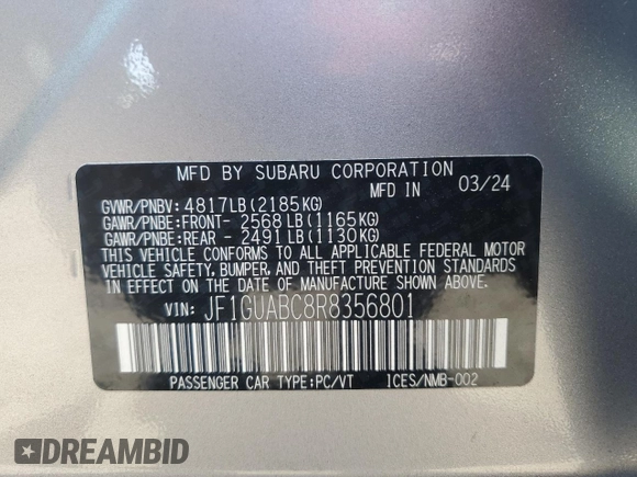 2024 Subaru Impreza with VIN JF1GUABC8R8356801, listed as a Copart auction lot 77705454 with 1,661 mi miles and Salvage Title. Bid and sale history available at carsss.com. Image 13.