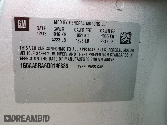 2013 Cadillac ATS with VIN 1G6AA5RA6D0146339, listed as a Copart auction lot 52742214 with 194,814 mi miles and Salvage title. Bid and sale history available at DreamBid. Image 12.