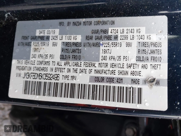 2019 Mazda CX-5 Grand Touring with VIN JM3KFBDM6K0592496, listed as a IAAI auction lot 41730103 with Not Provided miles and . Bid and sale history available at carsss.com. Image 9.