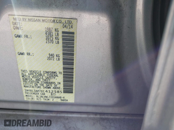 2014 Nissan Altima SL with VIN 1N4BL3AP7EC412585, listed as a IAAI auction lot 41647667 with 120,193 mi miles and . Bid and sale history available at DreamBid. Image 9.