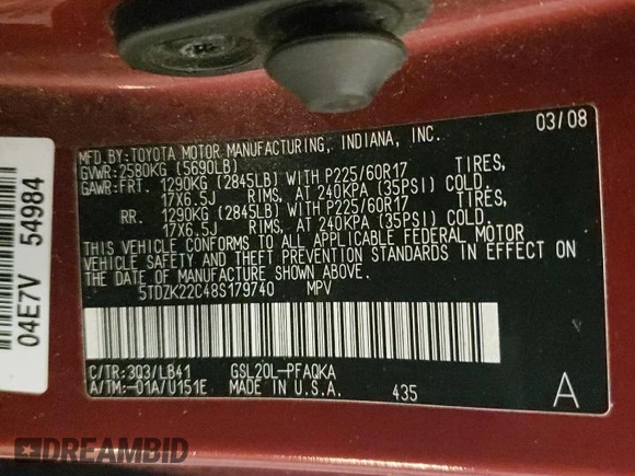 2008 Toyota Sienna XLE with VIN 5TDZK22C48S179740, listed as a Copart auction lot 48697935 with 203,777 mi miles and Salvage Title. Bid and sale history available at carsss.com. Image 13.